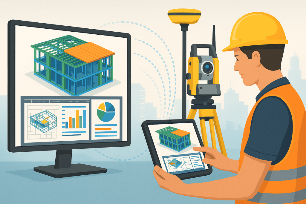 Surveyor using tablet with BIM and field technology to align 3D model data on a construction site, supported by GNSS and total station equipment.