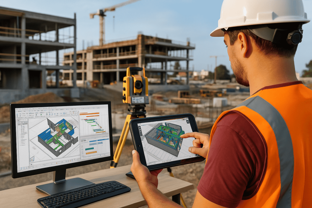 Construction worker using BIM and field technology with a tablet and desktop computer to visualise and manage 3D building data on an active jobsite.