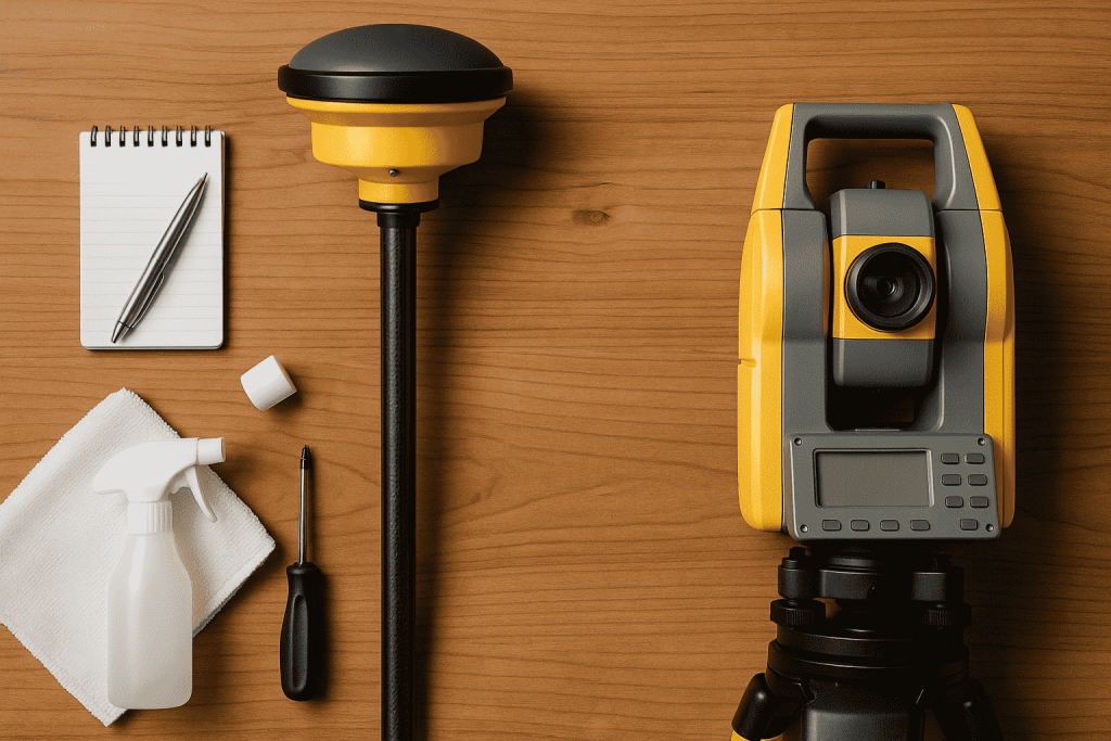 Survey equipment maintenance tools including a GNSS receiver, total station, cleaning spray, cloth, and notepad neatly arranged on a wooden work surface.