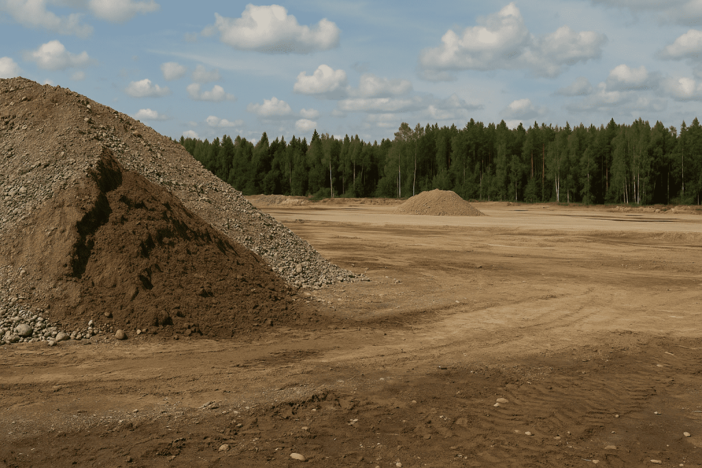 Open civil construction site showing layered soil mounds, graded earth, and a forest backdrop under a bright cloudy sky, representing material accuracy and earthworks in civil projects.
