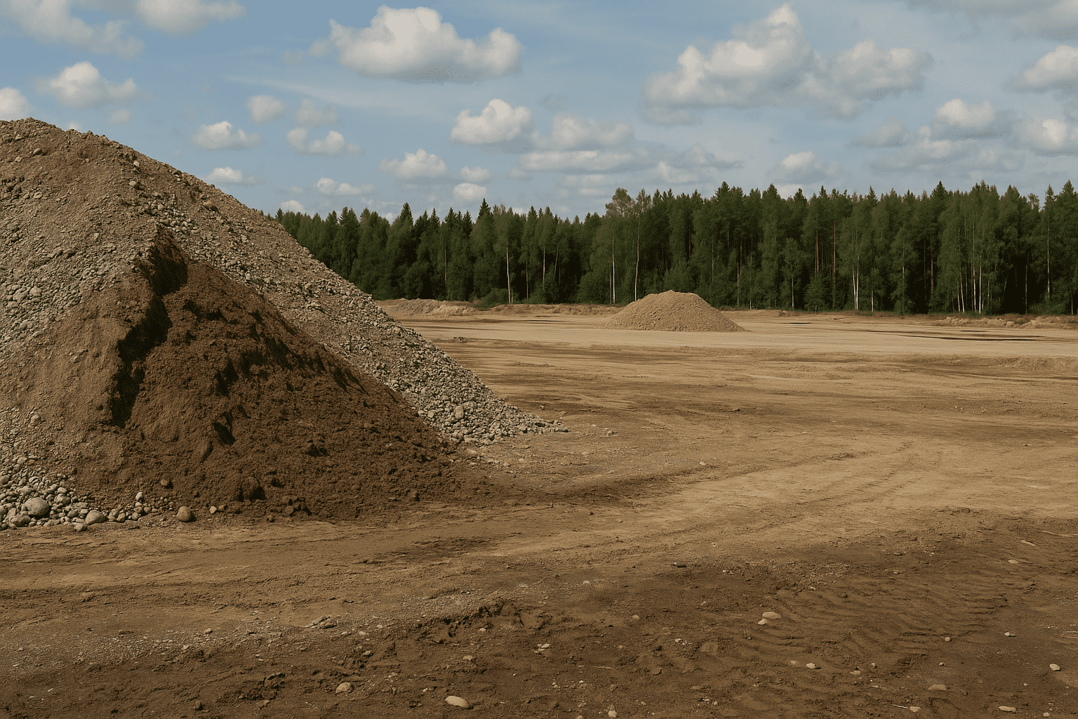 Open civil construction site showing layered soil mounds, graded earth, and a forest backdrop under a bright cloudy sky, representing material accuracy and earthworks in civil projects.