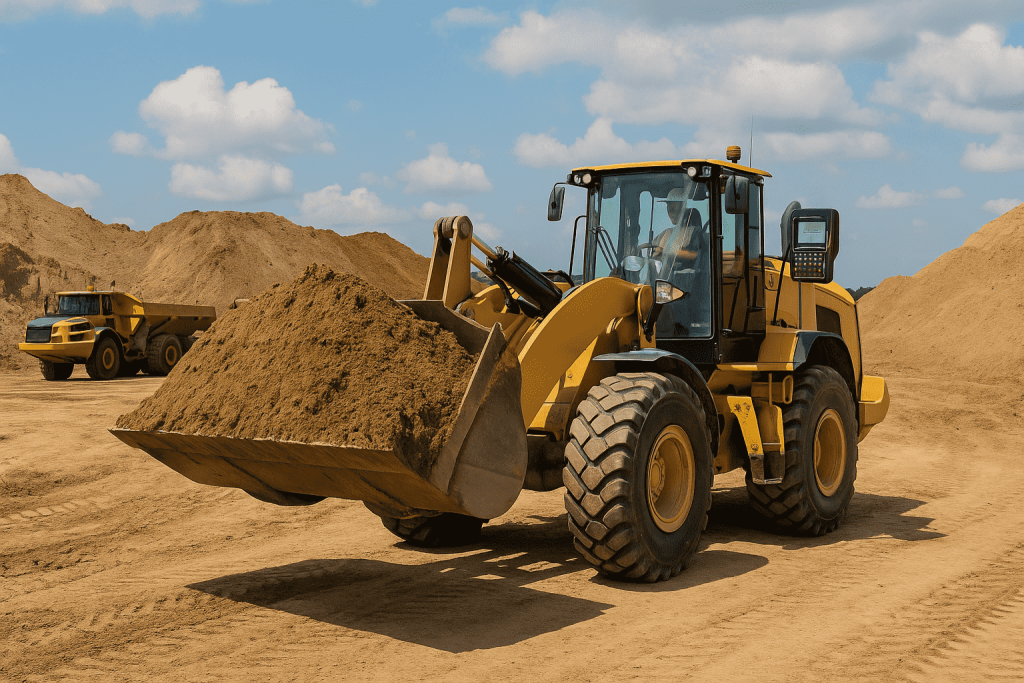 Wheel loader lifting a full bucket of material on a construction site, demonstrating payload accuracy and jobsite efficiency supported by Loadrite loader scales.