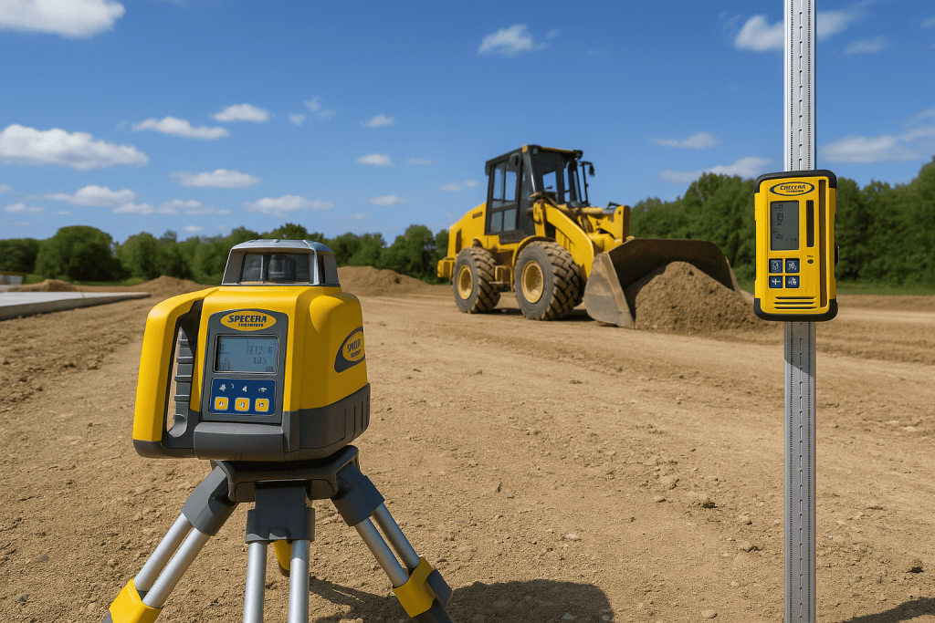 Spectra Precision rotary laser level on a tripod at a construction site with a loader in the background, illustrating accurate levelling and site layout.
