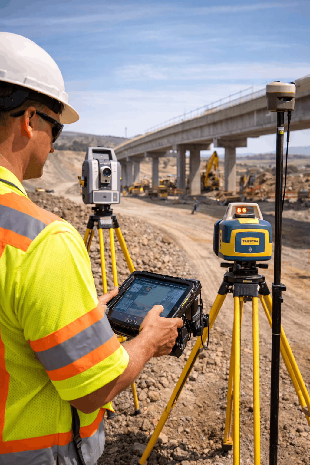infrastructure-development-gnss-total-station-survey Infrastructure development survey using GNSS receiver, robotic total station and laser level on a bridge construction site