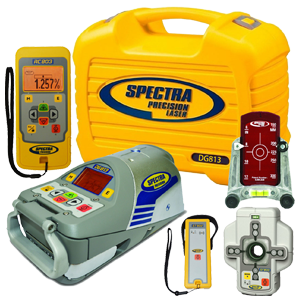 Spectra vs Trimble laser equipment kit including Spectra Precision tools and accessories for construction layout and grading.