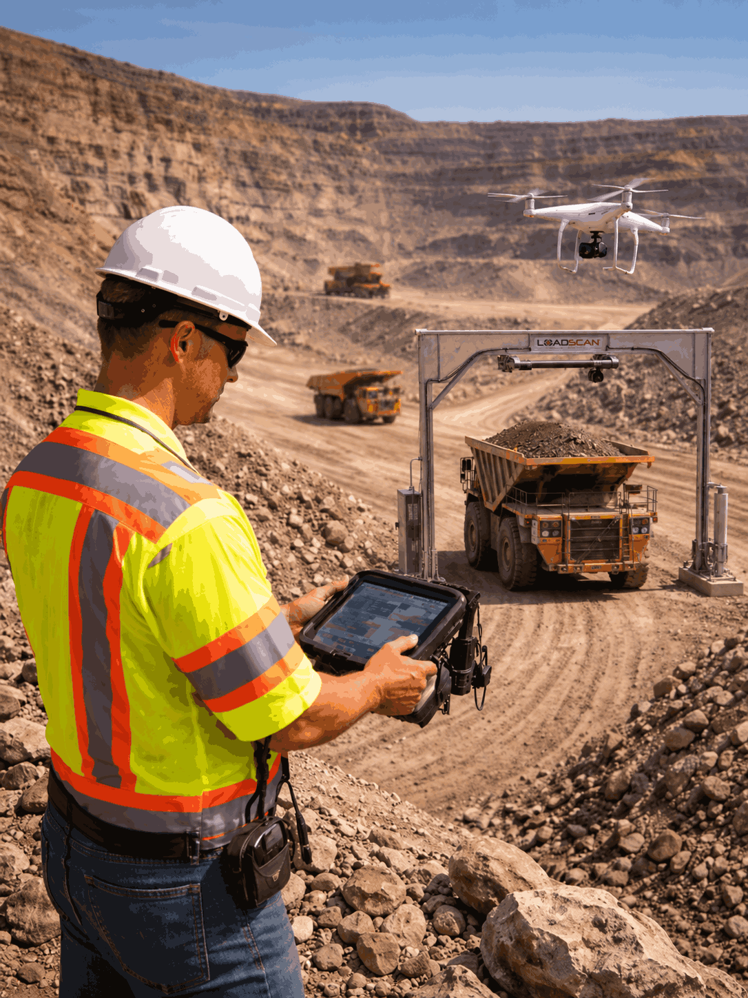 mining-material-management-loadscan-drone-survey-sitech Mining and material management with Loadscan volumetric scanner, haul trucks and drone survey technology at an open-pit mine
