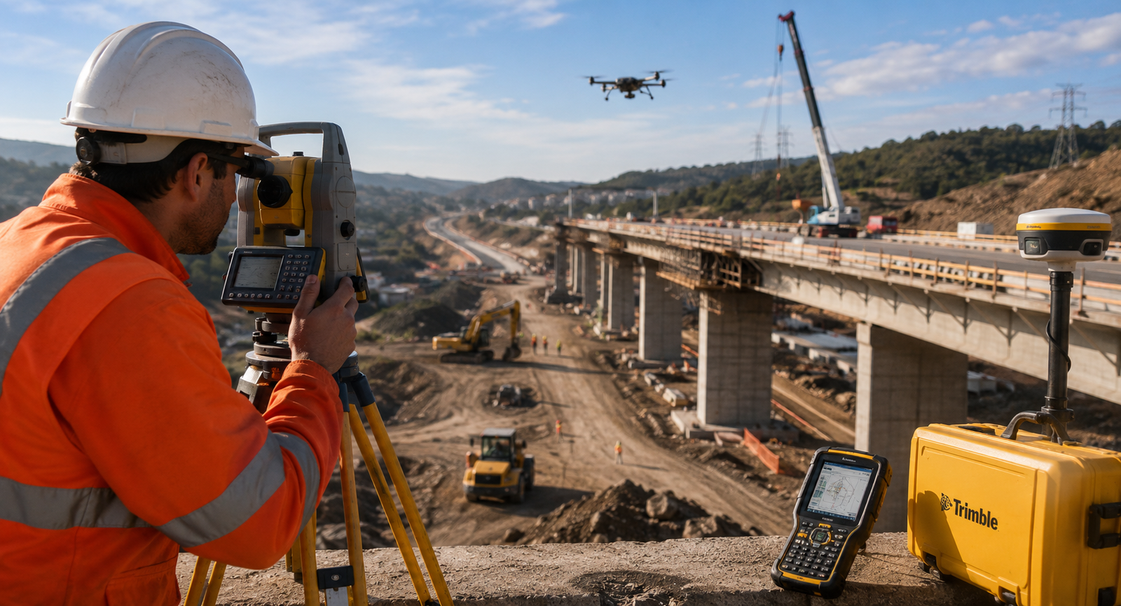 Surveyor using total station technology on a bridge infrastructure construction project