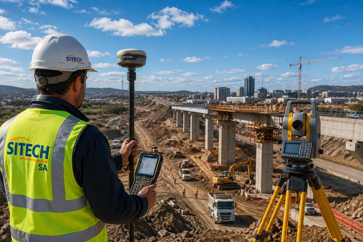 SITECH SA surveyor using GNSS receiver and total station technology on an infrastructure construction site