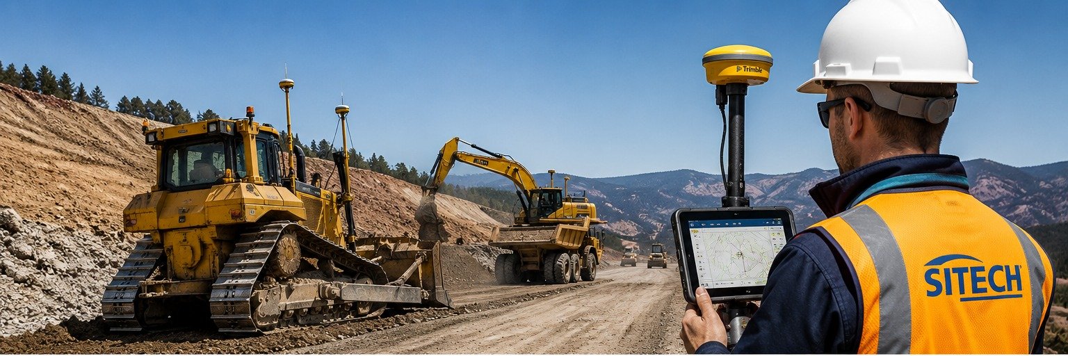 Civil road construction technology with machine control systems, dozer, excavator and SITECH SA field controller