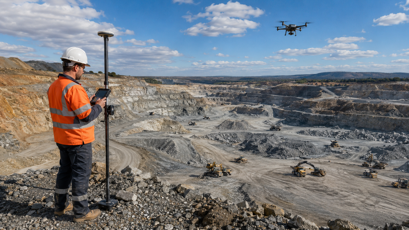 Surveyor using GNSS equipment and drone technology to monitor material movement across an open pit quarry