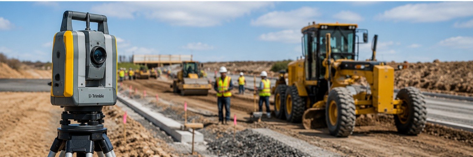 Robotic total station and road construction grading equipment used for civil construction site positioning