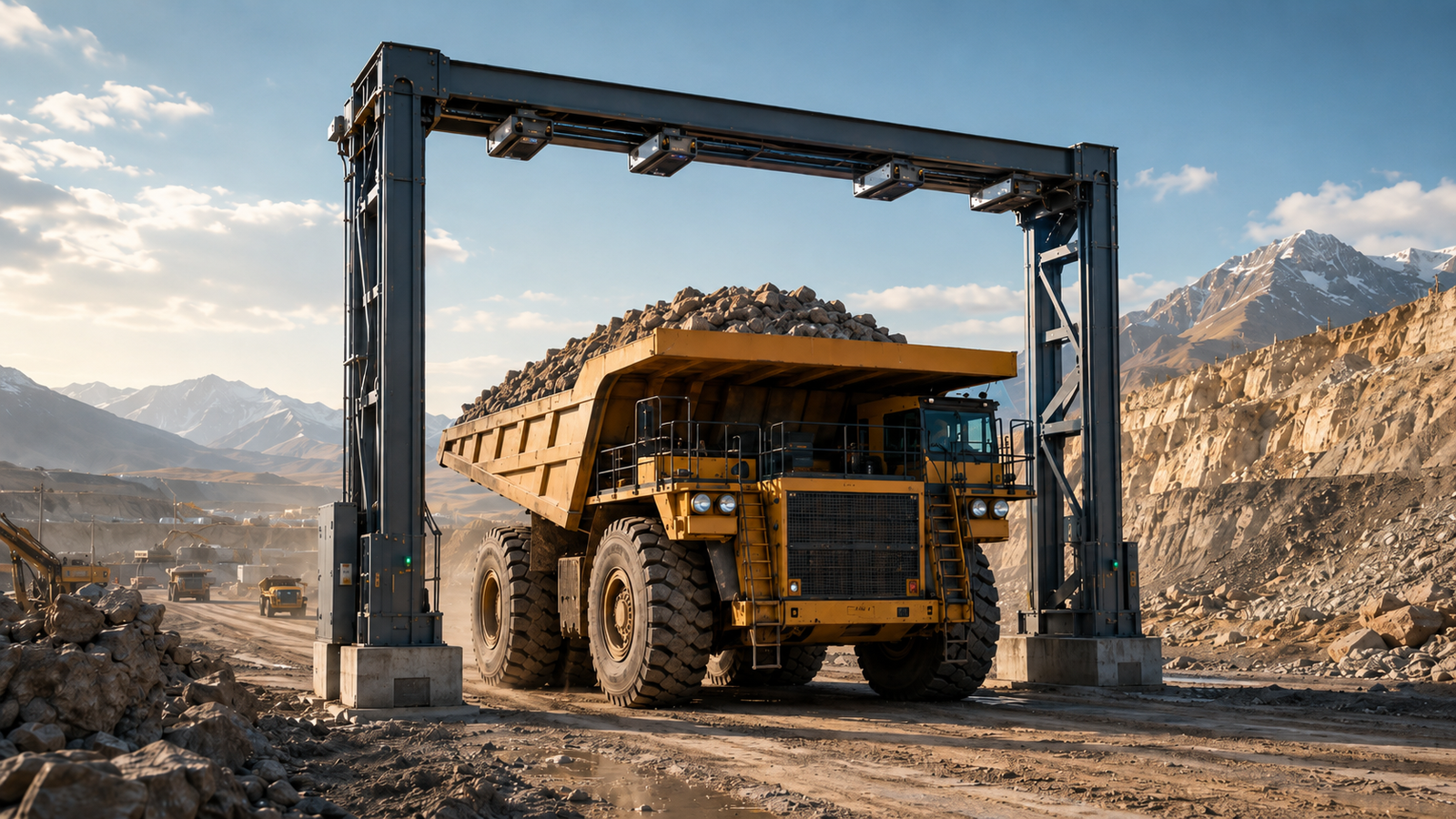 Mining haul truck carrying material through a quarry scanning structure for load measurement and material management